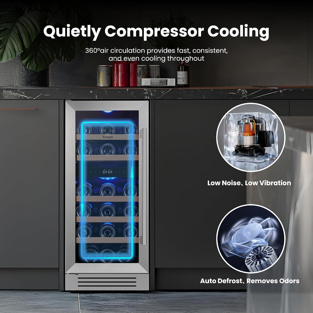 15 Inch Dual Zone Wine Fridge, 28 Bottle Wine Cooler with Left-Hinged