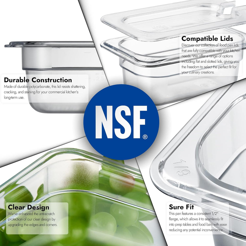 6-Pack 1/9 Size 2.5" Deep NSF Polycarbonate Food Pans | Dishwasher & Freezer Safe Clear Container for Prep Tables