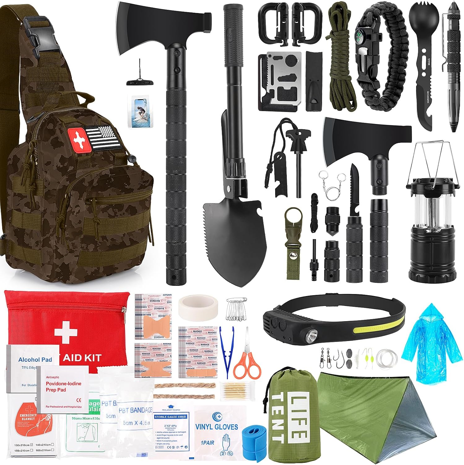 Survival Kit, 268 Pcs Emergency Survival Gear and Equipment Supplies with First Aid Kit, Camping Axe, Headlamp
