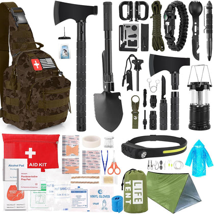 Survival Kit, 268 Pcs Emergency Survival Gear and Equipment Supplies with First Aid Kit, Camping Axe, Headlamp
