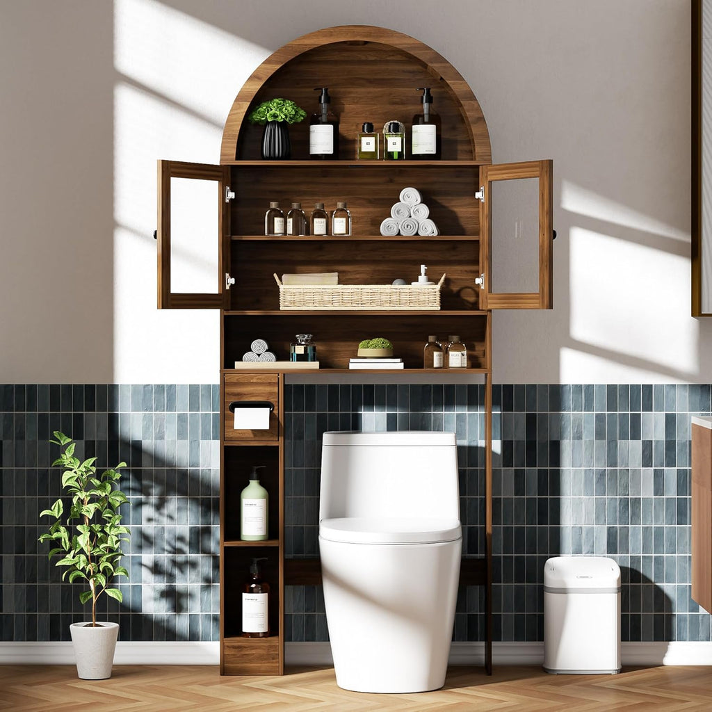 Arched Over The Toilet Storage Cabinet with Glass Doors, Above Toilet Bathroom Organizer, 4 Tier Bathroom Cabinet