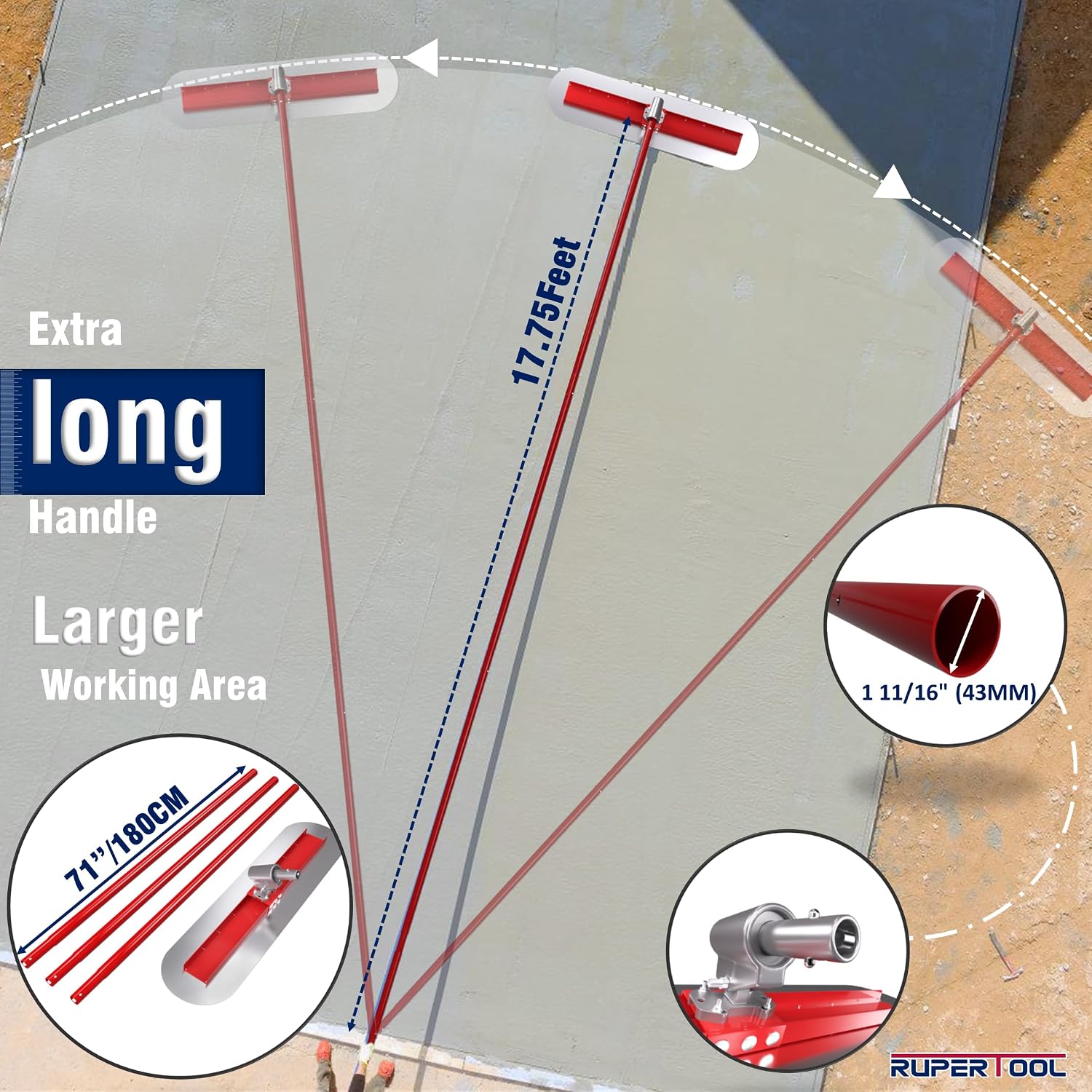 48''x12'' Concrete Bull Float Kit Fresno Round End Concrete Finishing Trowel Stainless Steel Trowel Board with 3