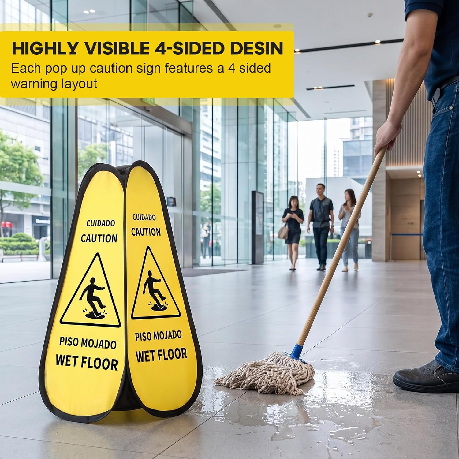 12 Pcs 24 Inches Pop up Wet Floor Sign Yellow 4-sided Foldable Bilingual Caution Wet Floor Sign Safety Warnings