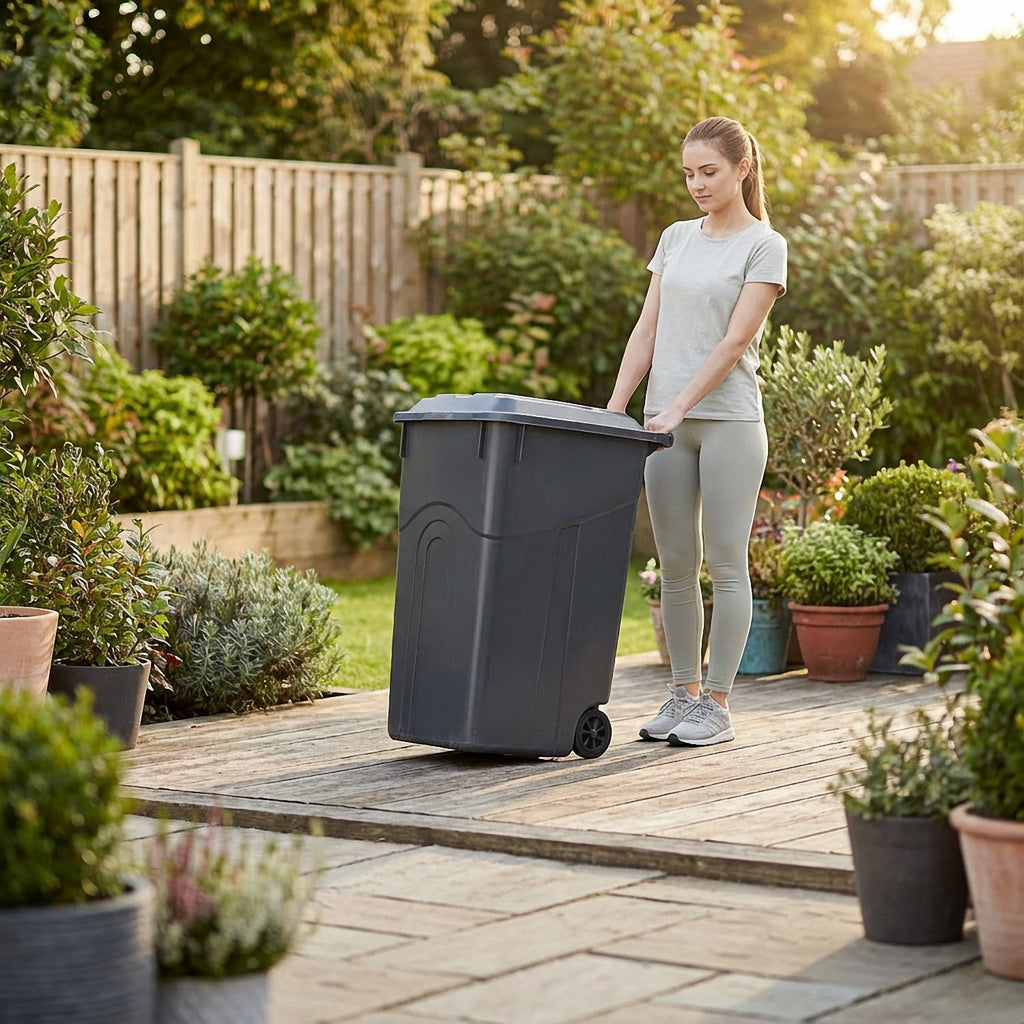 32 Gallon Outdoor Trash Can with Lid - Heavy Duty Garbage Bins with 2 Rugged Wheels,Wheeled Heavy Duty Plastic