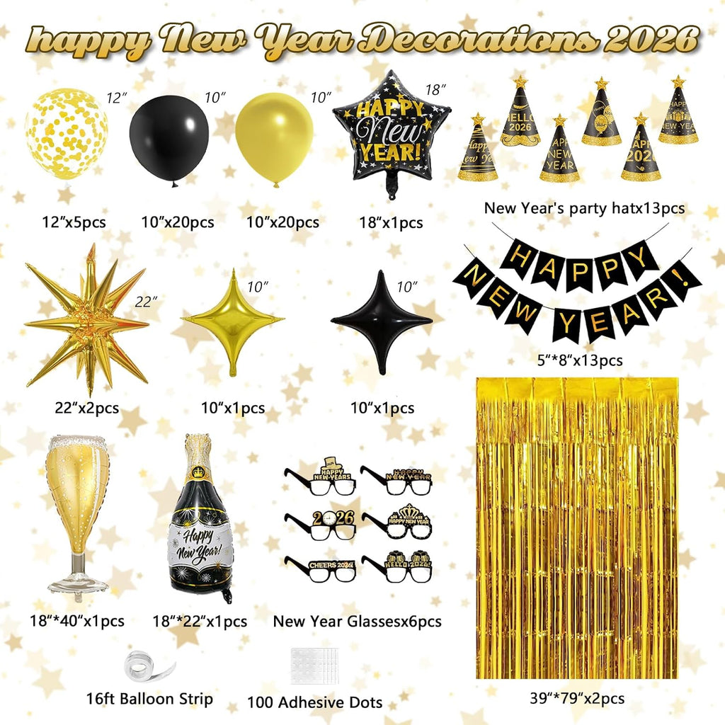 New Years Decorations 2026 Eve Party Supplies with Glasses Hats Black Gold Confetti Balloons 2026 Number Balloons New