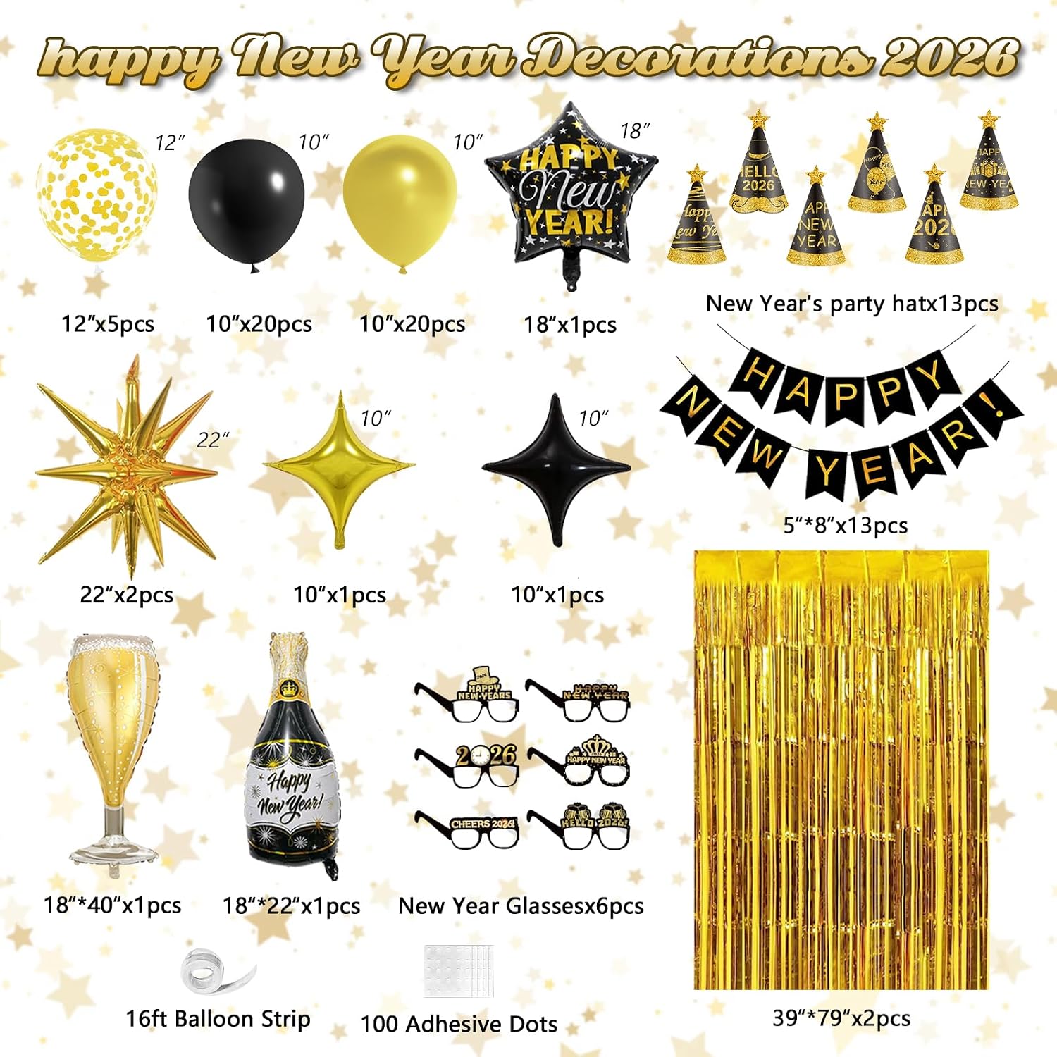 New Years Decorations 2026 Eve Party Supplies with Glasses Hats Black Gold Confetti Balloons 2026 Number Balloons New