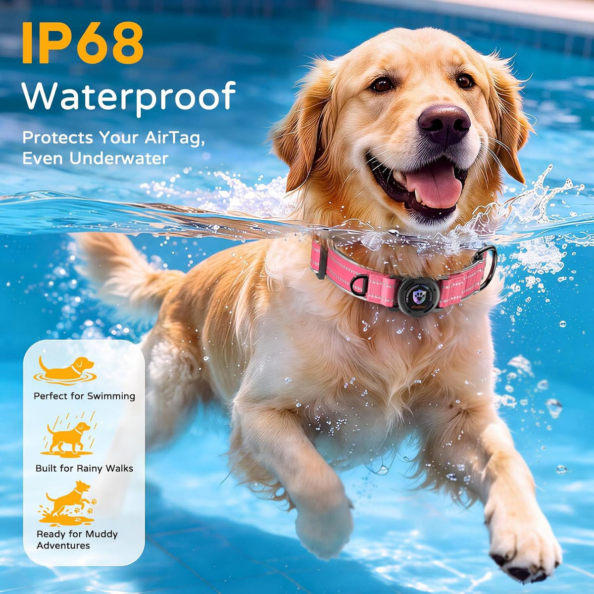 Dog Collar with AirTag Holder IP68 Waterproof Reflective Dog Collar, Rose L