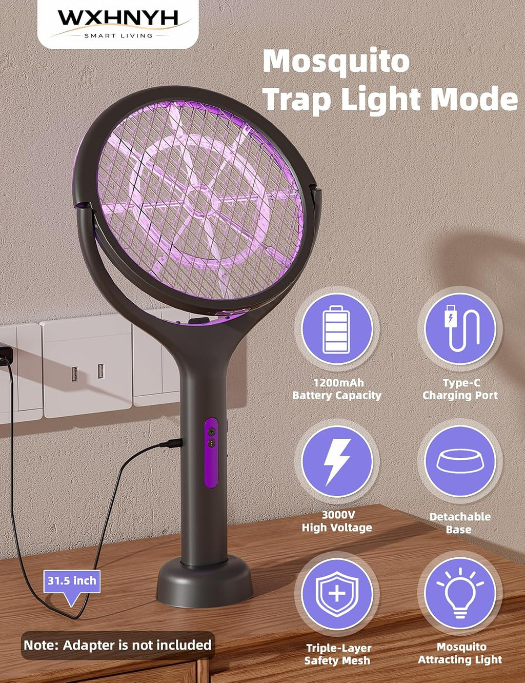 Electric Fly Swatter with Extendable Handle & Rotating Head, 3000V Rechargeable Bug Zapper Racket, 1200mAh Long