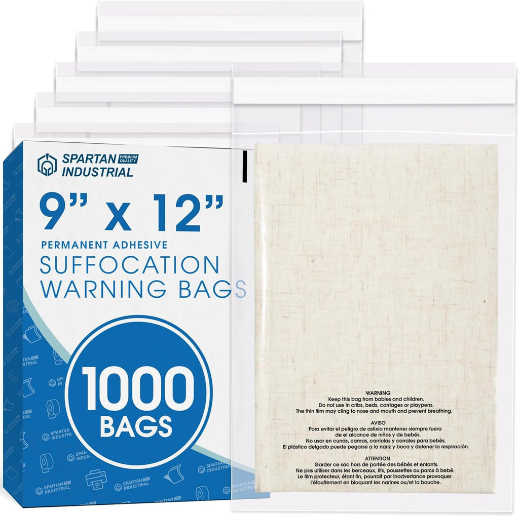 9" X 12" (1000 Count) Self Seal Clear Poly Bags with Suffocation Warning