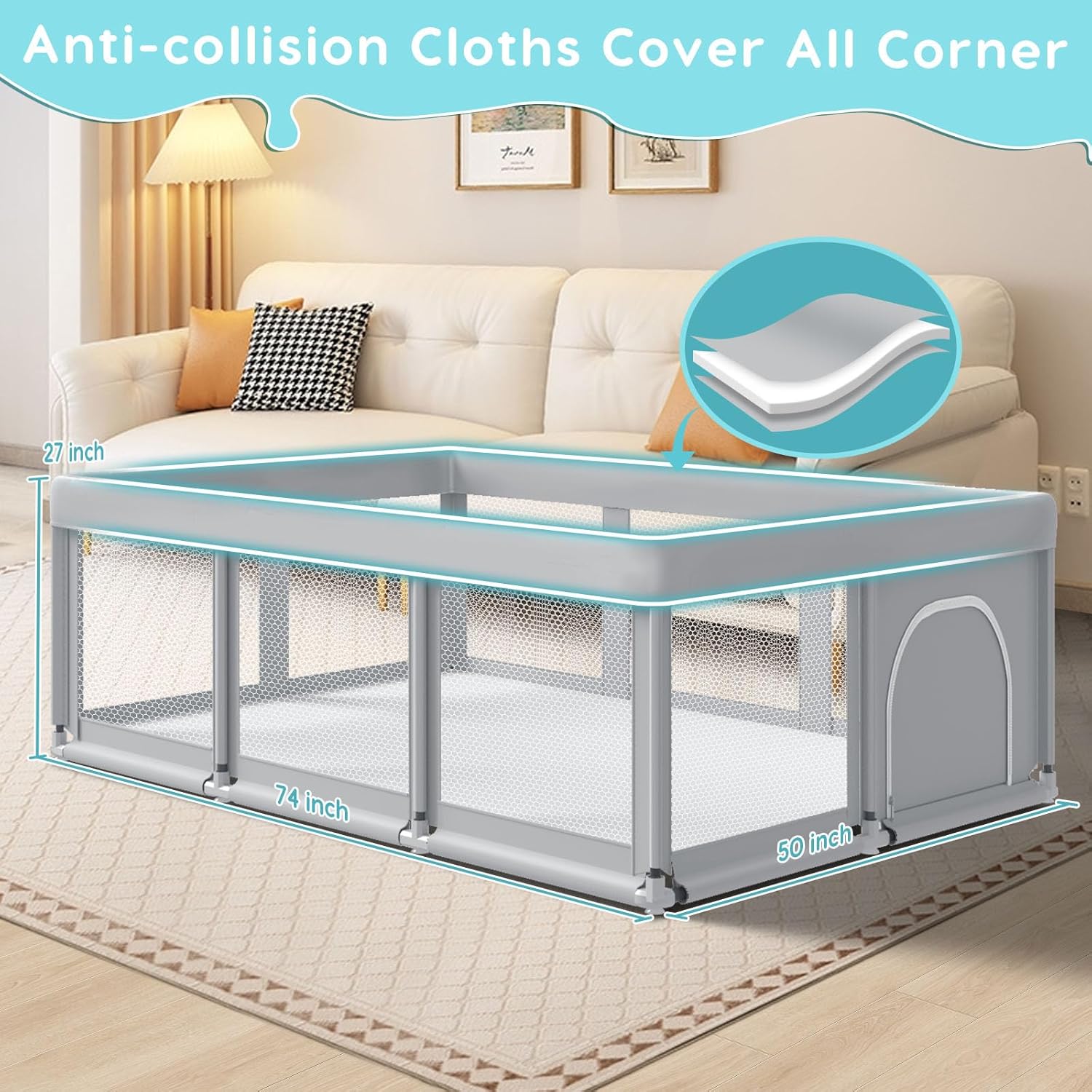 74" ×50" Large Baby Playpen, Baby Playard for Babies and Toddlers, Baby Fence Play Pens for Indoor & Outdoor, Sturdy