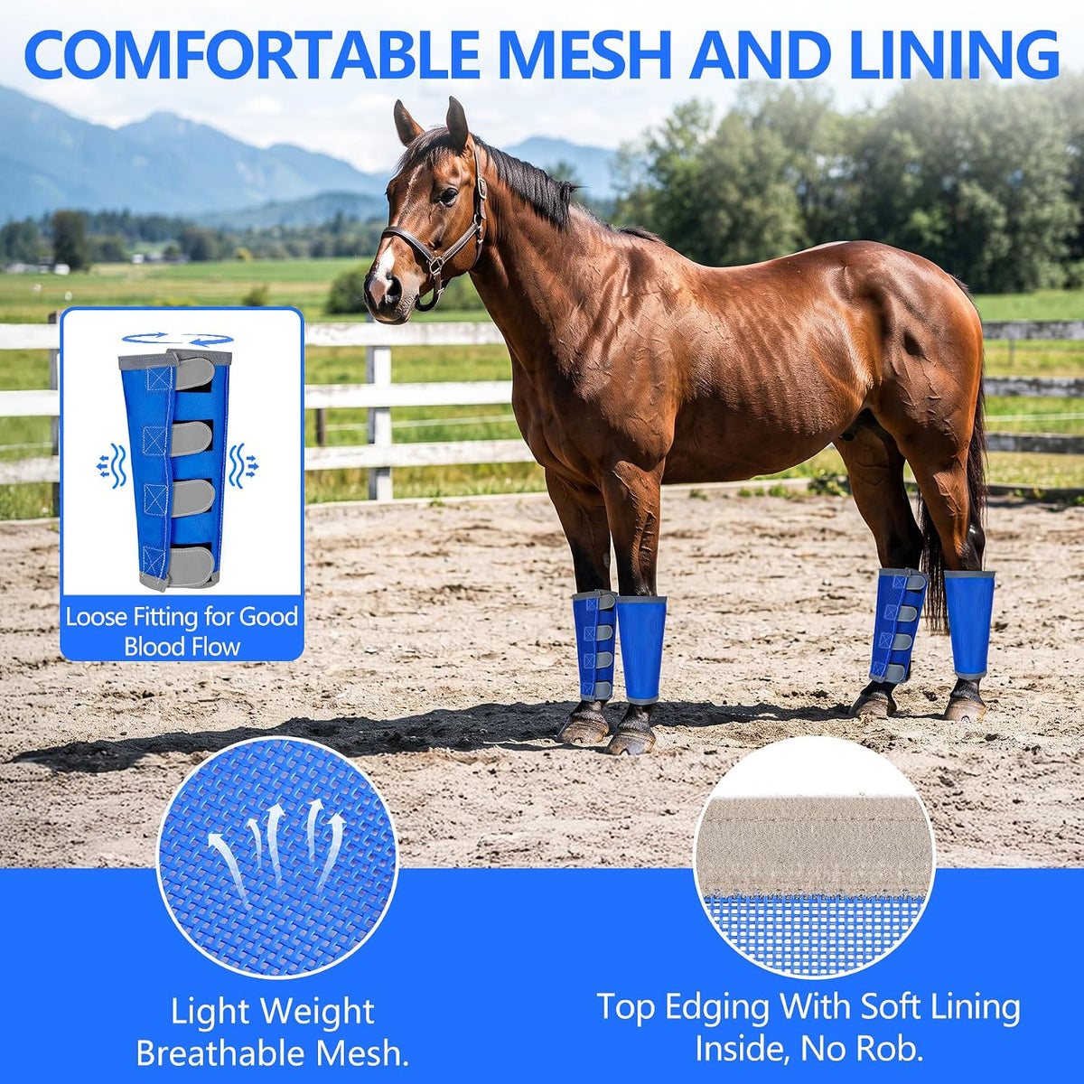 Fly Boots for Horses Set of 4 with Reflective Vercros, Loose Fitting Mesh Horse Fly Boots Leggings, Adjustable Equine