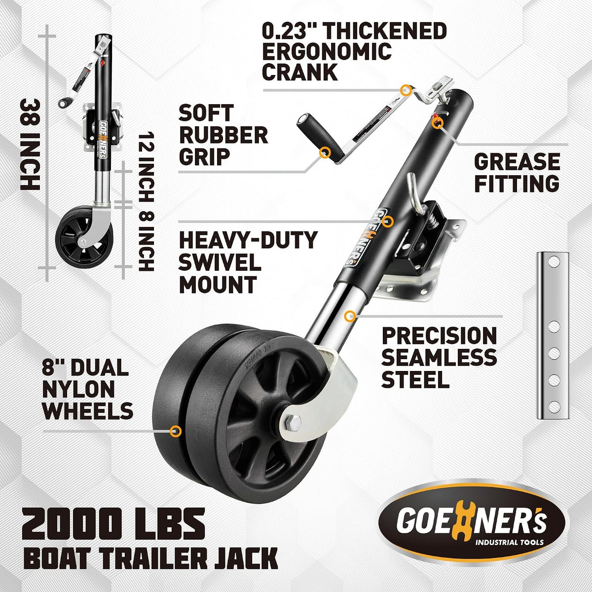 Upgrade 2.0 2000LBS Boat Trailer Jack – Professional Galvanized 8″ Dual-Wheel Swivel Tongue Jack with Detachable