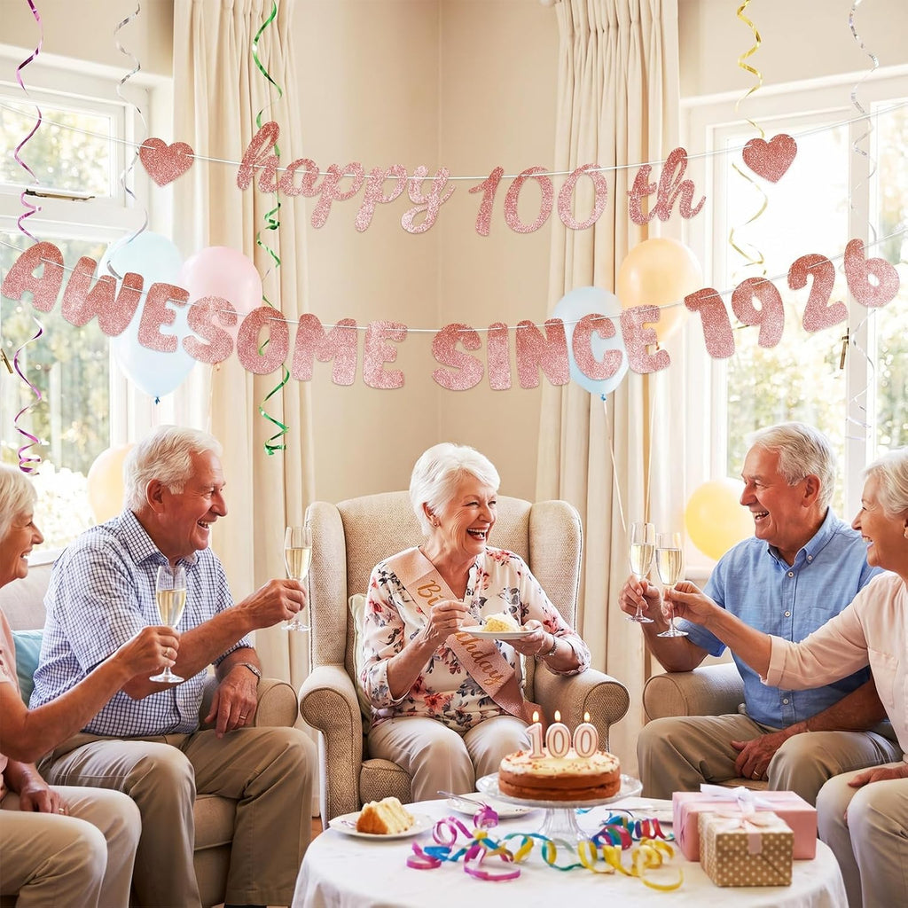Rose Gold 100th Birthday Decorations for Women - Glittery Happy 100th Birthday Banner, Centenarian Awesome Since 1926
