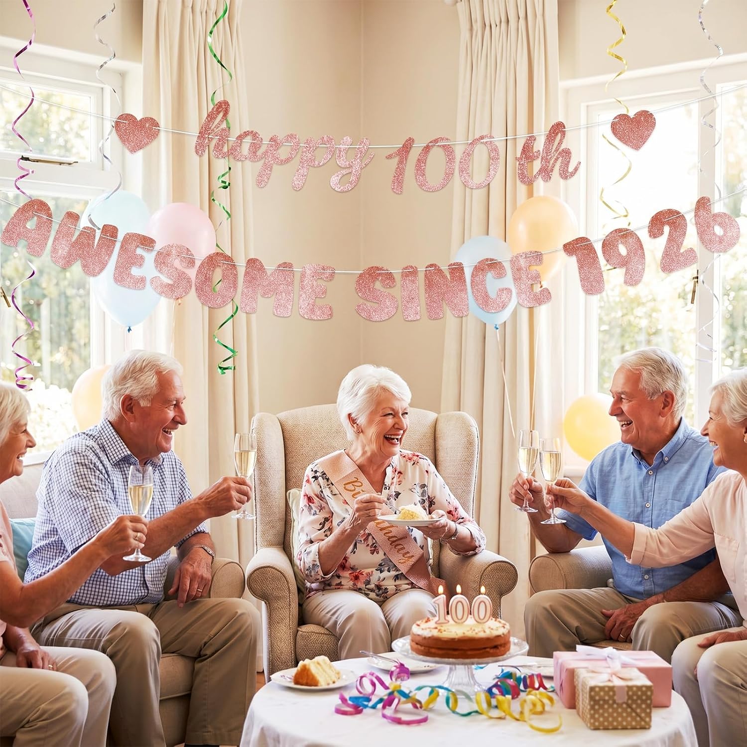 Rose Gold 100th Birthday Decorations for Women - Glittery Happy 100th Birthday Banner, Centenarian Awesome Since 1926