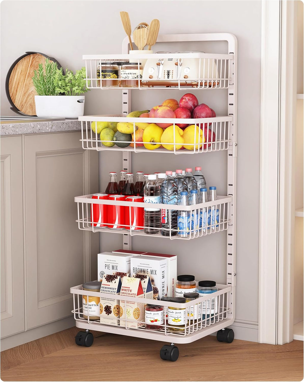 4-Tier Kitchen Storage Cart Metal Snack Cart Adjustable Fruit Basket on Wheels Stand Baskets for Potato Onion Produce