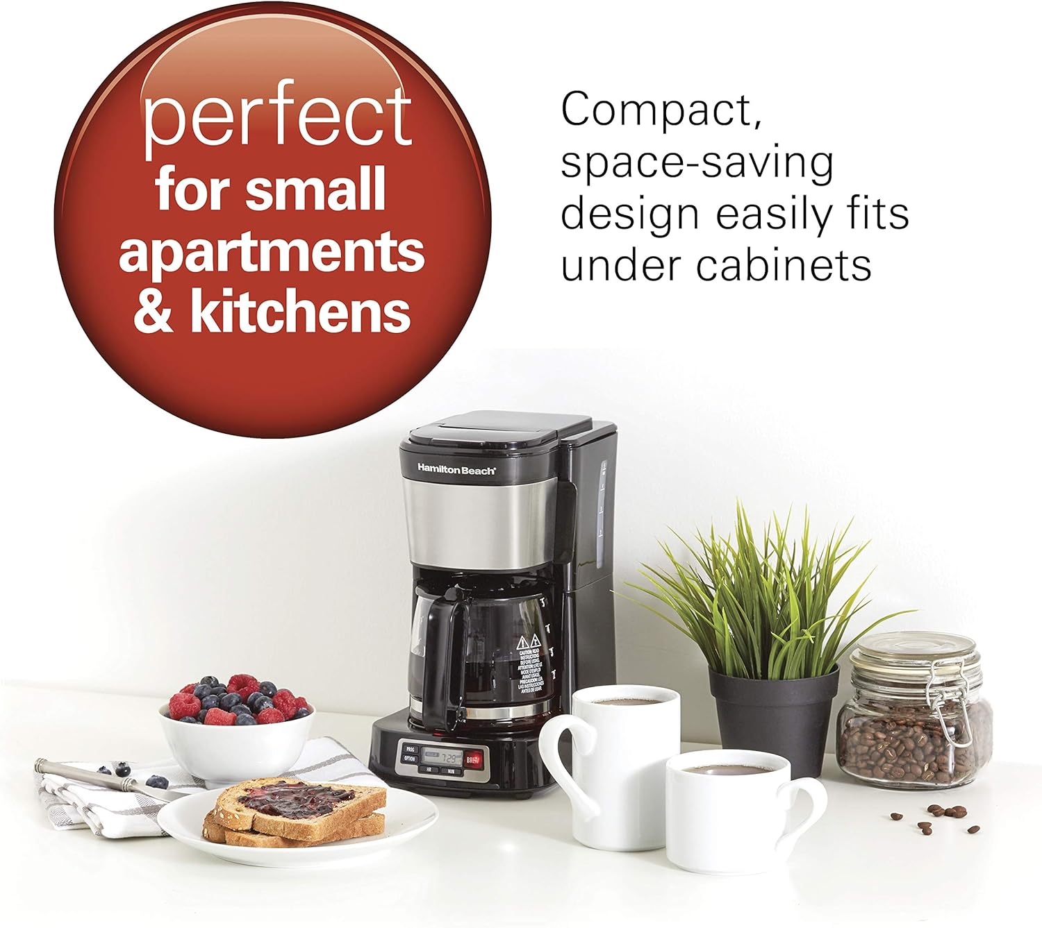 5 Cup Drip Coffee Maker with Easy FrontFill Basket | Compact Design | Programmable Clock | Glass Carafe | Auto Pause