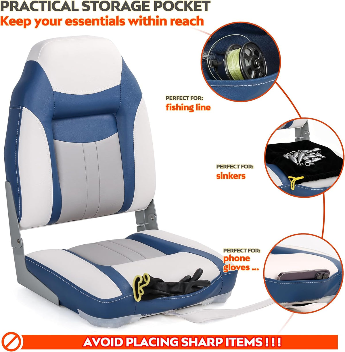 S1 Deluxe A Pair of Marine High Back/Low Back Folding Fishing Boat Seat for Fishing, Bass/Jon/Pontoon Boat Chairs, 4