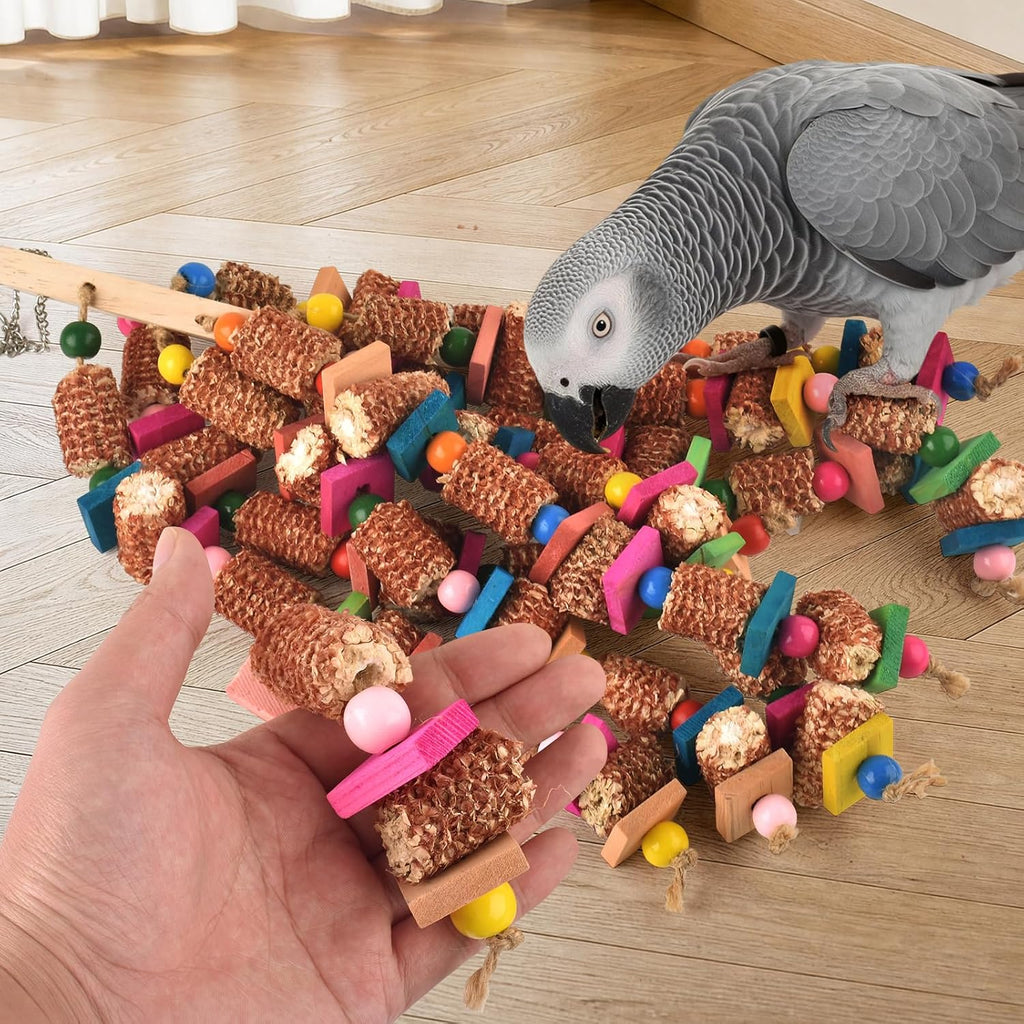 Bird Toys for Parrots, 22in Large Parrot Chew Toys Natural Wood and Corn Cob Hanging Chewable Shredding Toy for Bird
