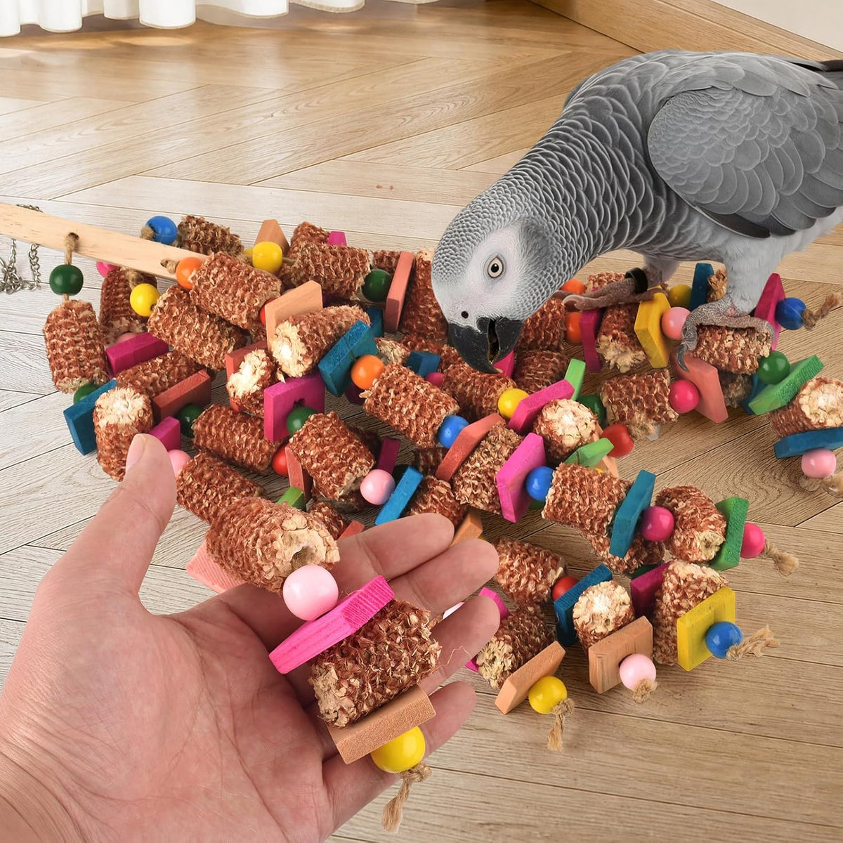 Bird Toys for Parrots, 22in Large Parrot Chew Toys Natural Wood and Corn Cob Hanging Chewable Shredding Toy for Bird