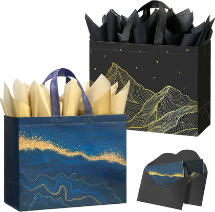 13" Large Gift Bags with Tissue Paper, 2 Pack Reusable Non-woven Happy Birthday Gift Bag with Handles, Perfect Gifts