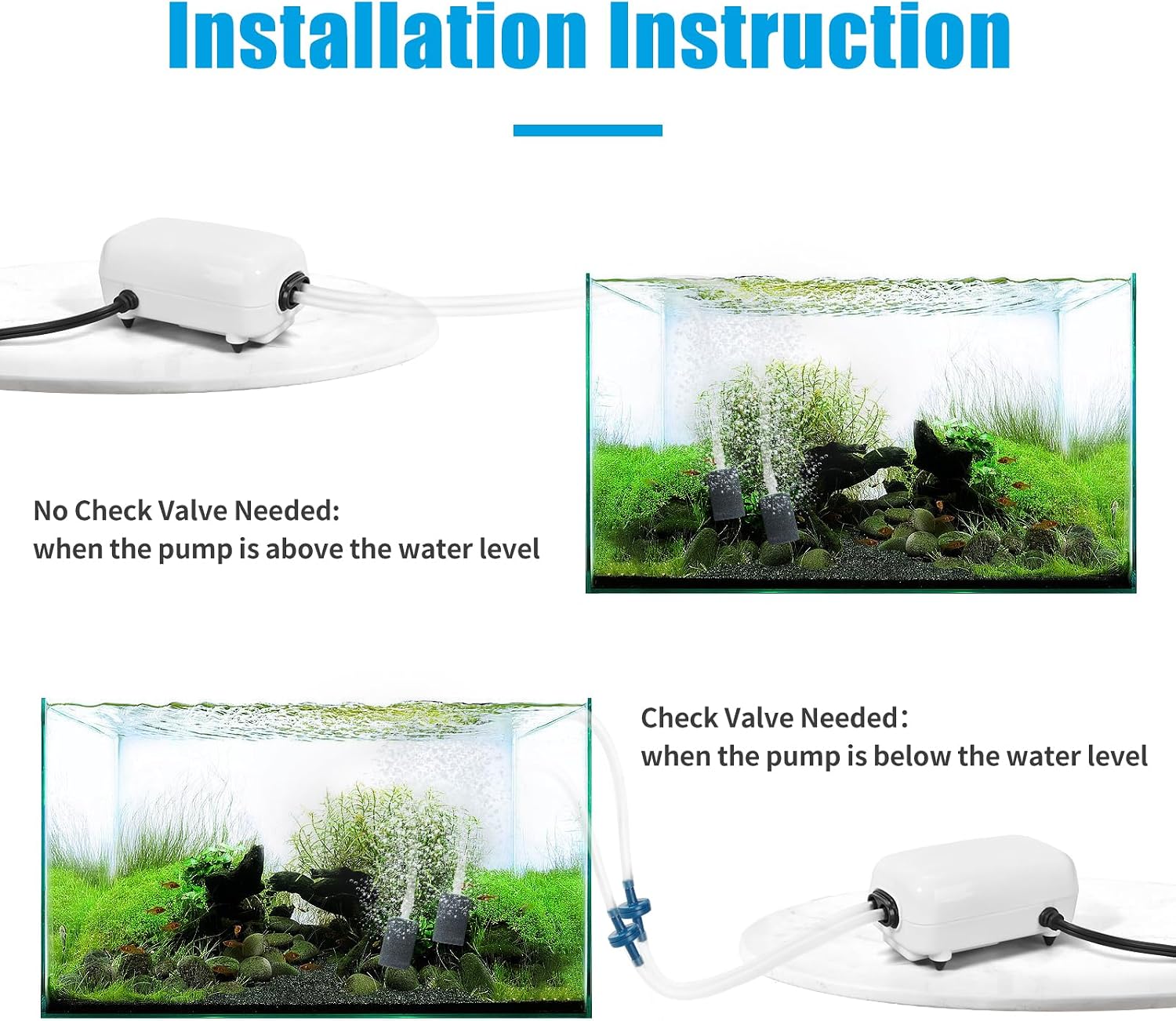 Aquarium Air Pump for 20-210 Gallon Tank, Fish Air Bubbler, Hydroponic Oxygen Aerator with Stones, Airline Tubing
