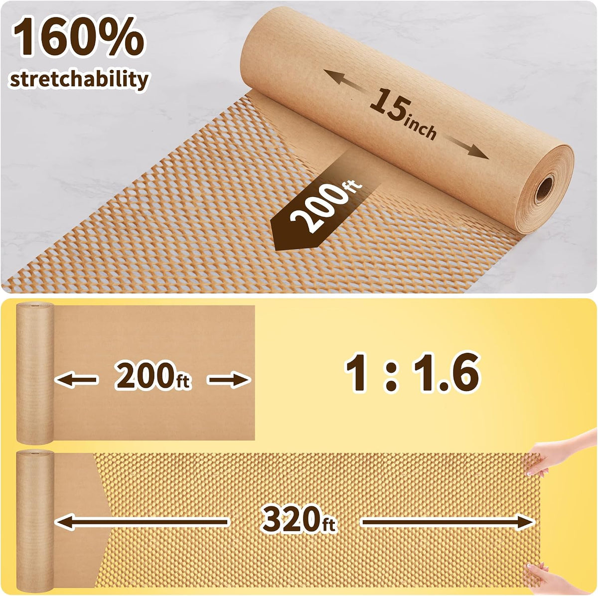 Honeycomb Packing Paper, 15" x 200' Packing Wrap Roll for Packing