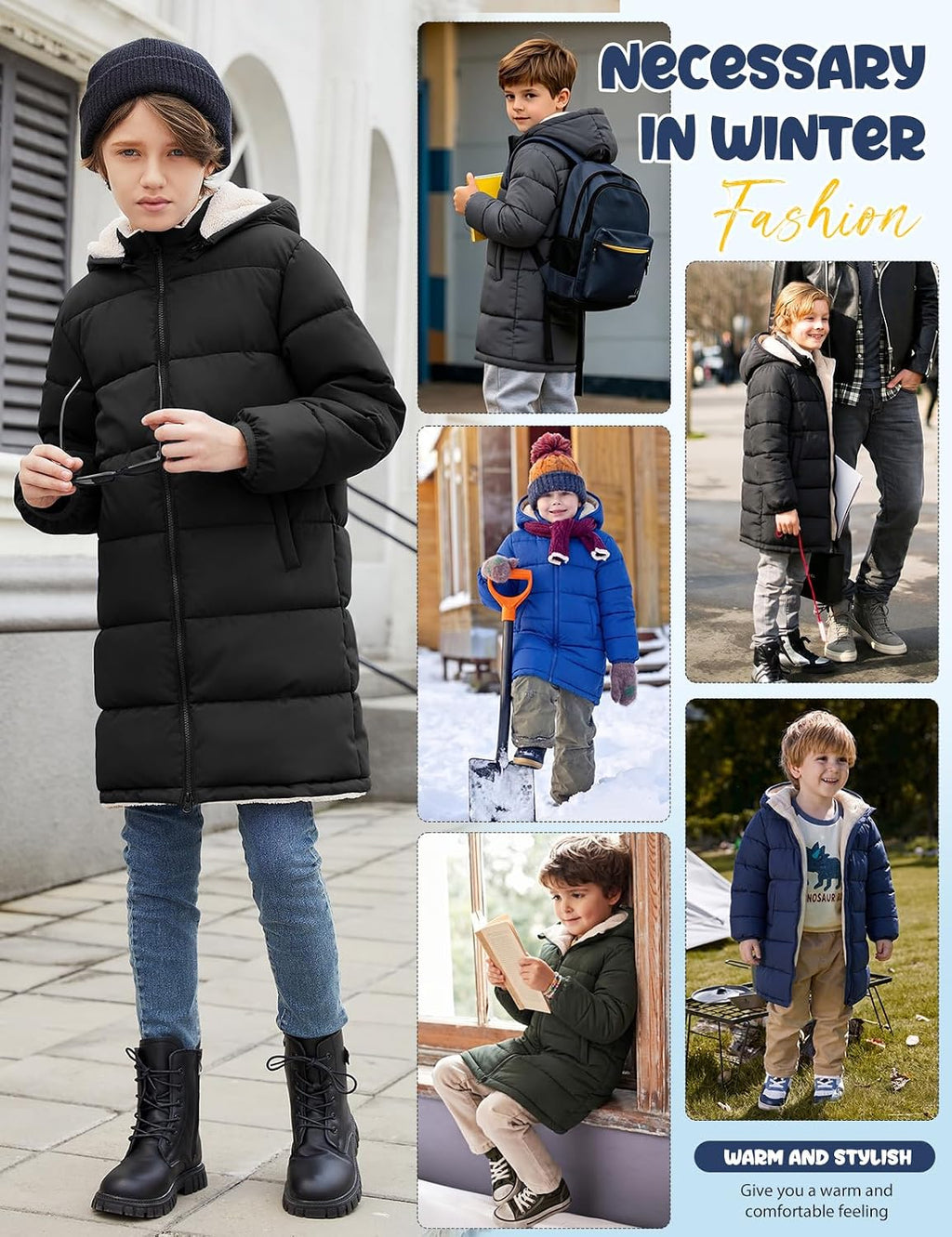 Boys Winter Coat Sherpa Lined Puffer Jacket For Kids Ages 6-15 | Long hooded design, windproof & water repellent