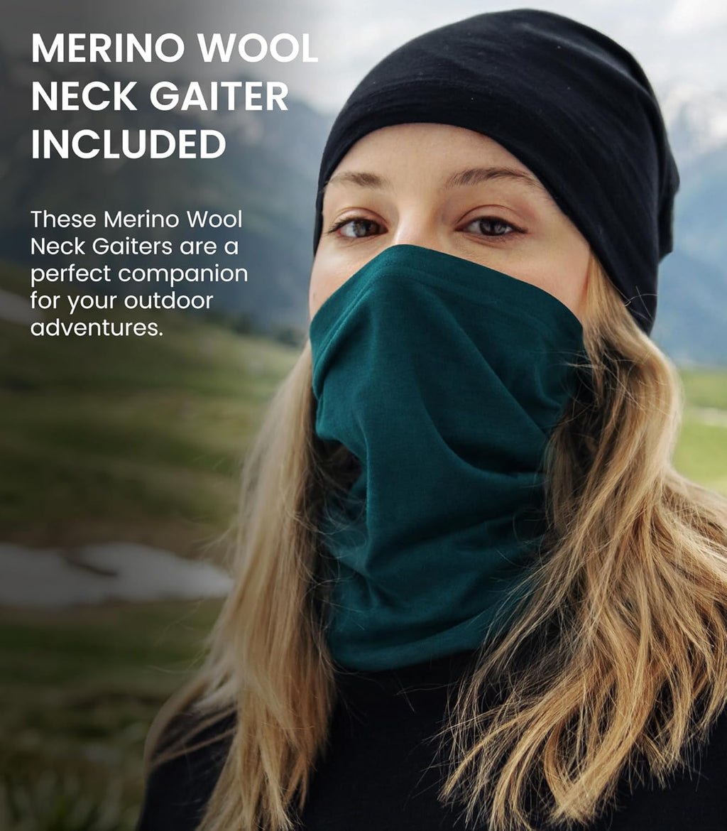 100% Merino Wool Base Layer Women - Thermal Underwear Set with Neck Gaiter | Midweight, Breathable Merino Wool Long