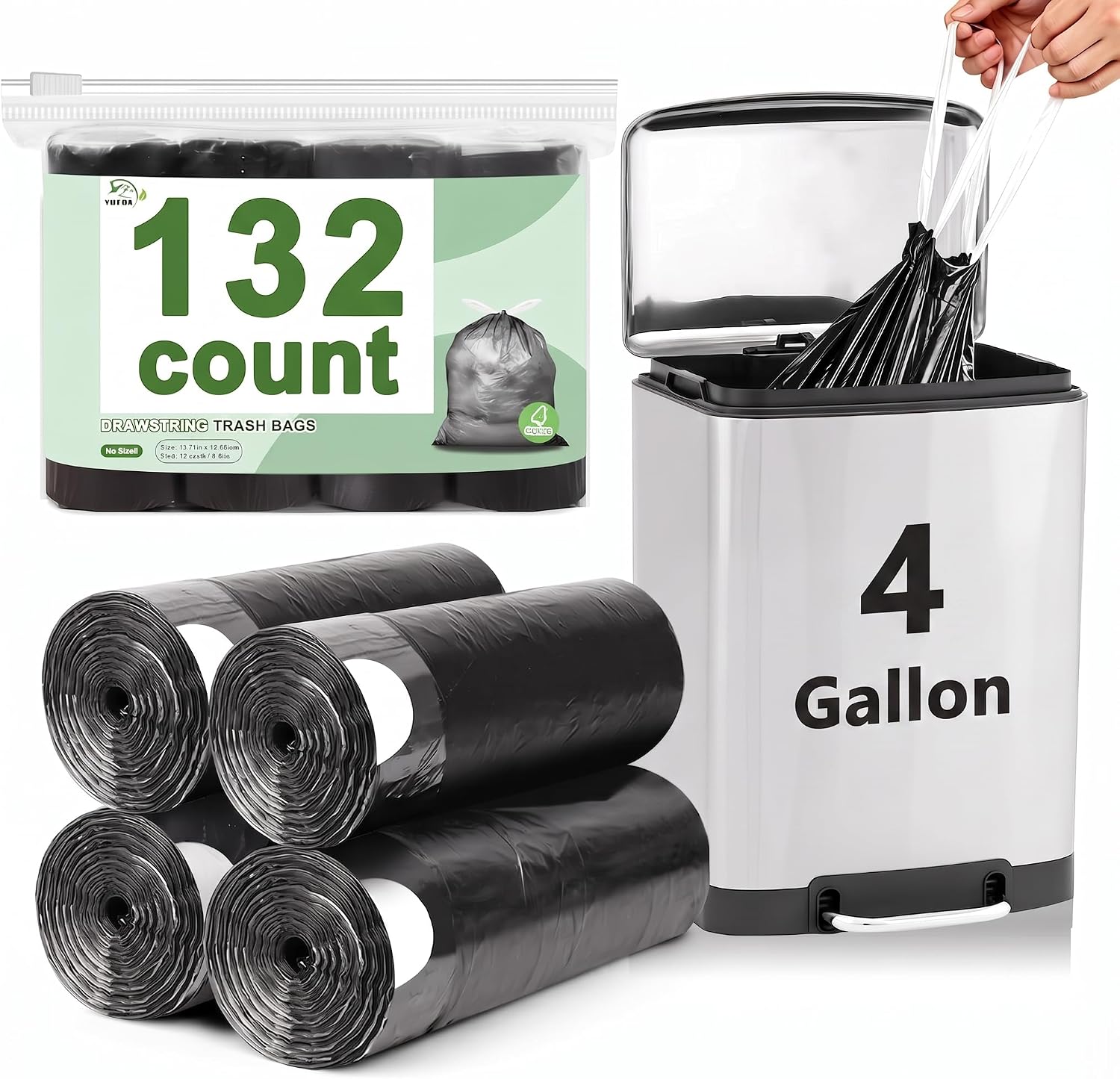132 Count Small Trash Bags, 4 Gallon Drawstring Garbage Bags, Bathroom Wastebasket Liners, Tear-Free Plastic Bags for