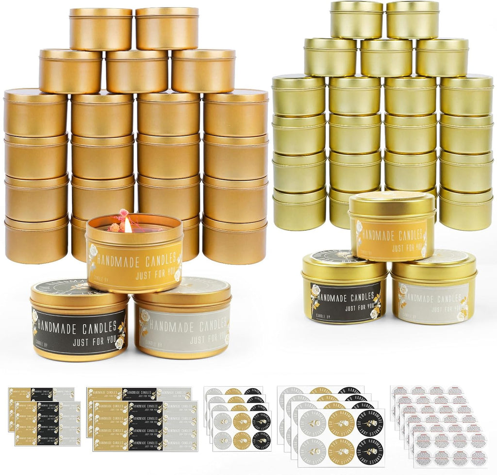 48 Pack - 24pcs 8oz & 24pcs 4oz Matte Gold Candle Tins with Lids | Dual-Size Bulk Empty Candle Containers for Candle