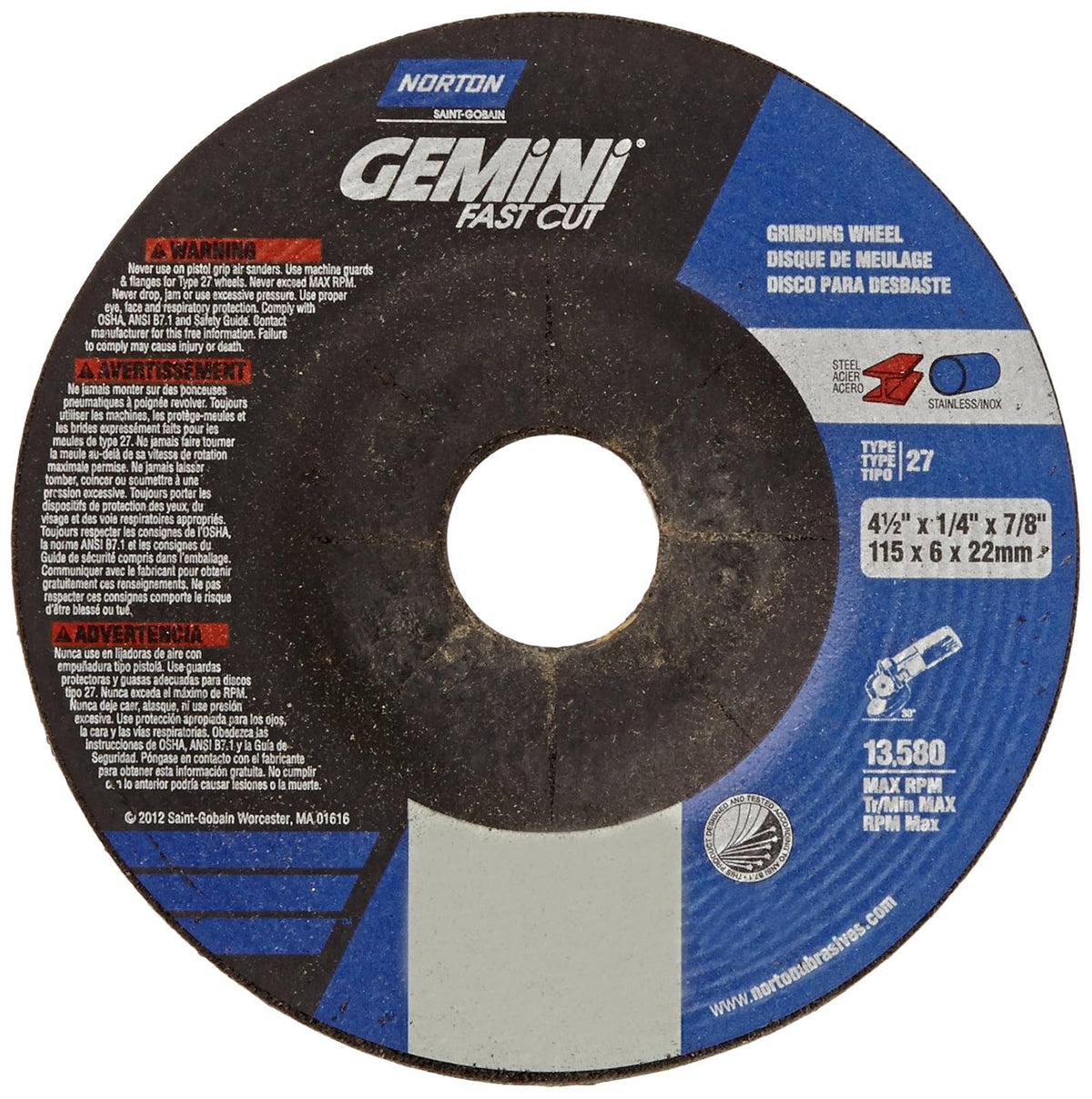 Norton Abrasives Grinding Wheel, Gemini Fast Cut Grinding Wheel, 4 1/2 for Right Angle Grinder, Pack of 25 Discs