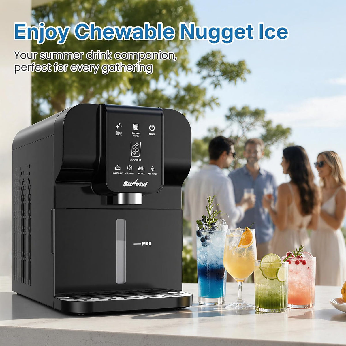 Nugget Ice Maker Countertop, Auto Drop Ice, Self Cleaning