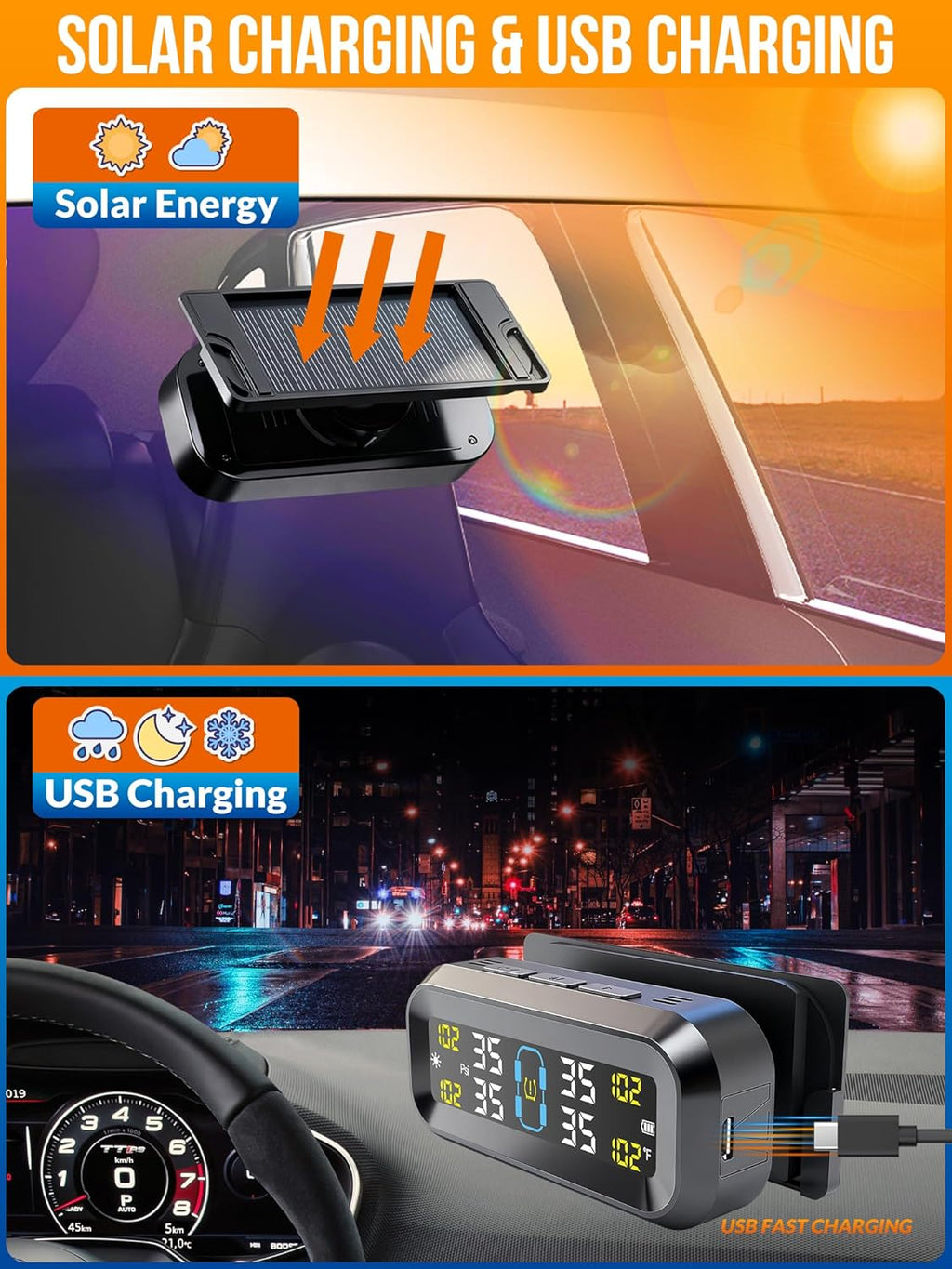 Tire Pressure Monitoring System with Solar & USB Charger-TPMS with 4 External Sensors & 6 Alarm Modes, LCD Display