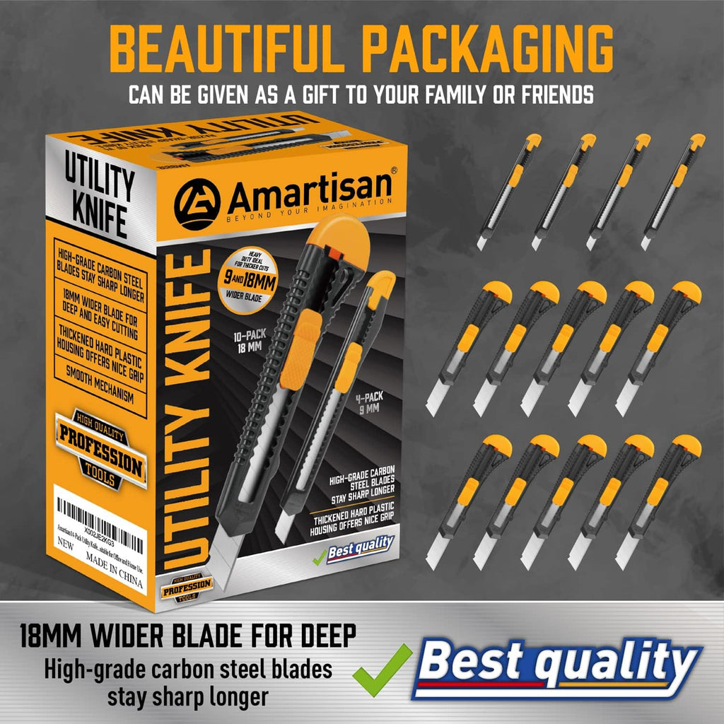 14-Piece Retractable Box Cutter, Utility Knifes for Boxes, Cartons, Cardboard Cutting, 18mm & 9mm Wide Blade Cutter