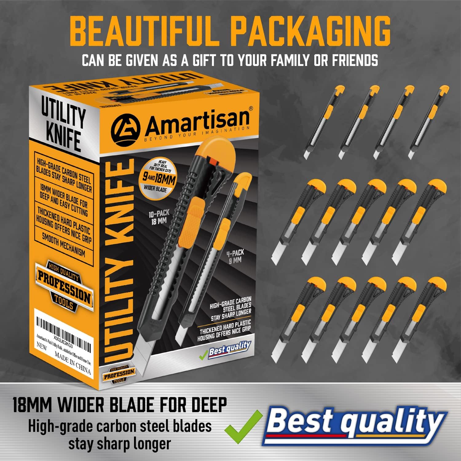 14-Piece Retractable Box Cutter, Utility Knifes for Boxes, Cartons, Cardboard Cutting, 18mm & 9mm Wide Blade Cutter