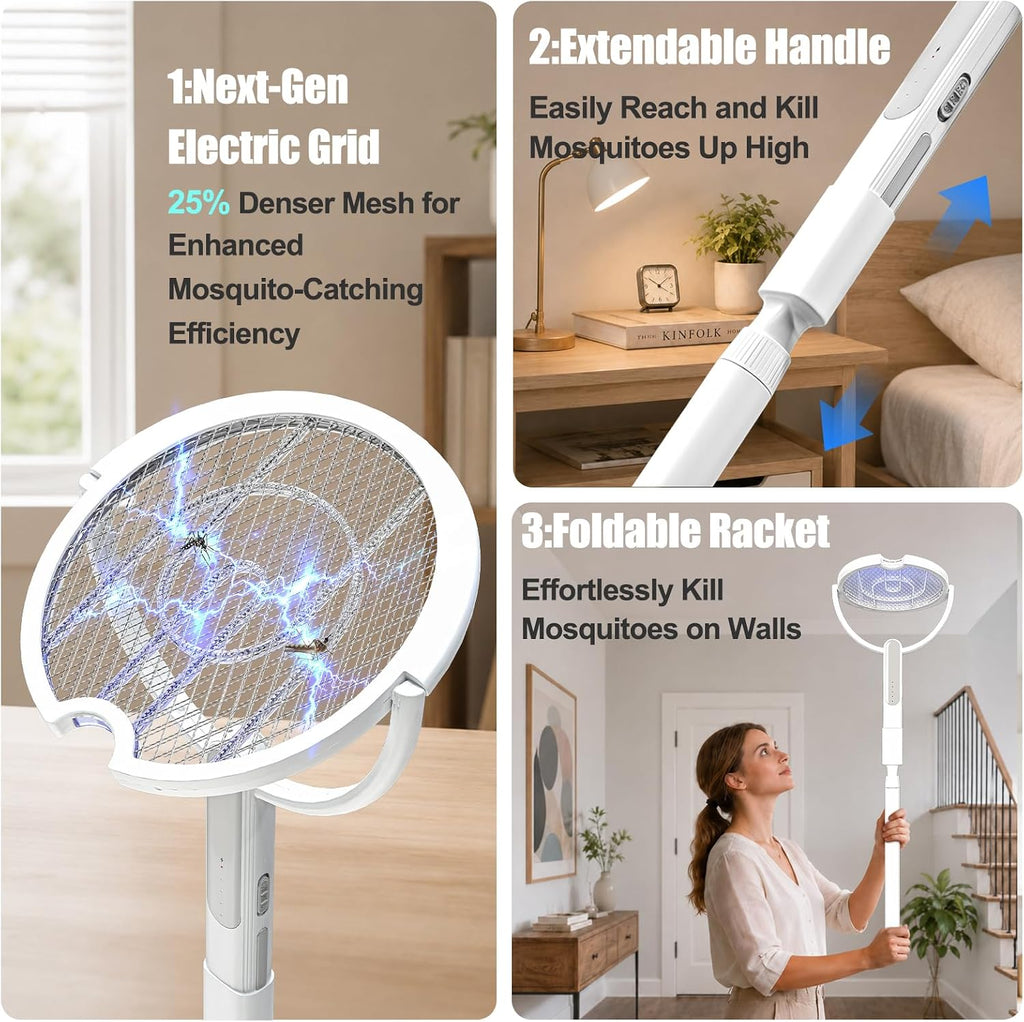 Rotating Head Electric Fly Swatter Racket with Telescoping Handle, 4000 V | Folding Head, Charging Base, USB Charging