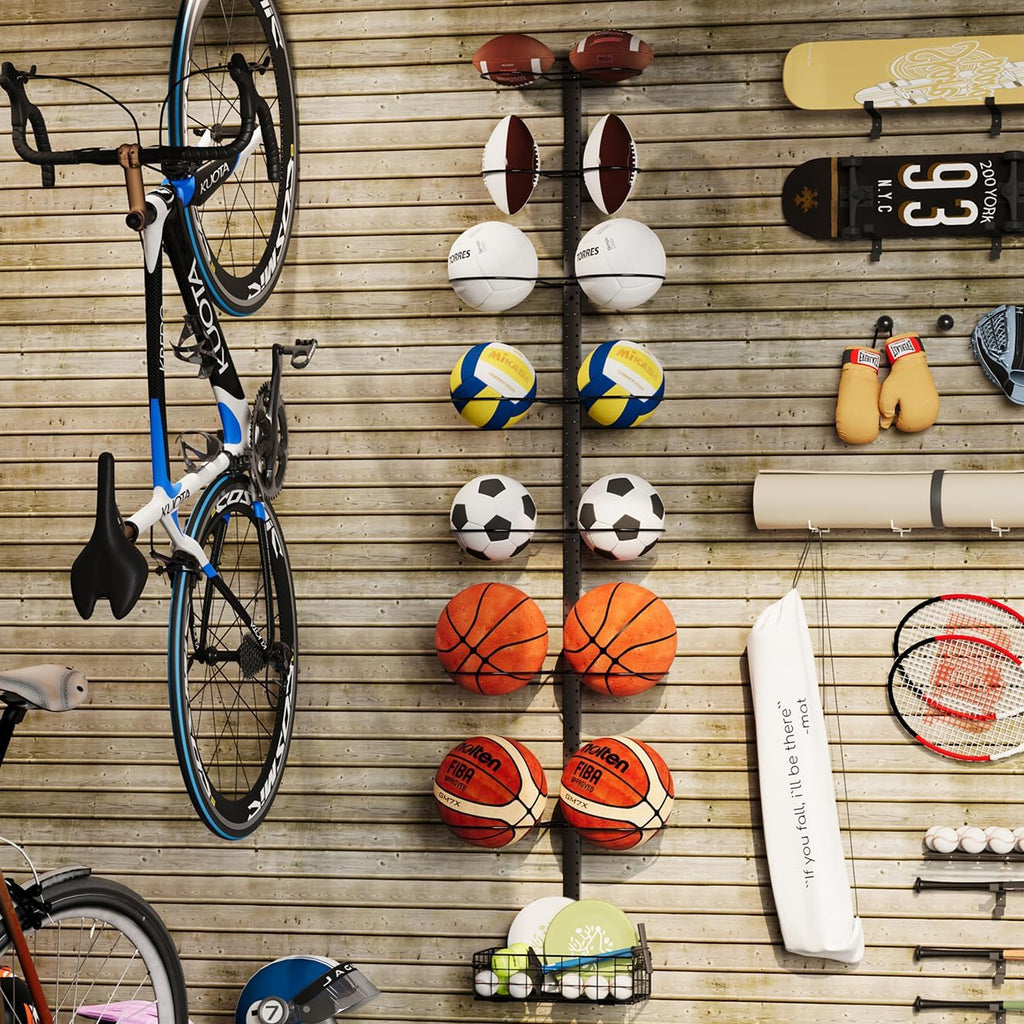8 Tier Detachable Wall Mounted Basketball Rack, Vertical/Horizontal Football Holder, Holds 14 Balls DIY 1/2/3/4