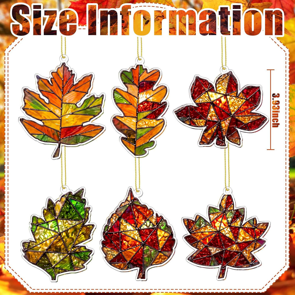 6 Pcs Fall Window Decor Acrylic Maple Leaf Suncatcher Tree Ornaments Stained Glass Style Waterproof Fall Decoration