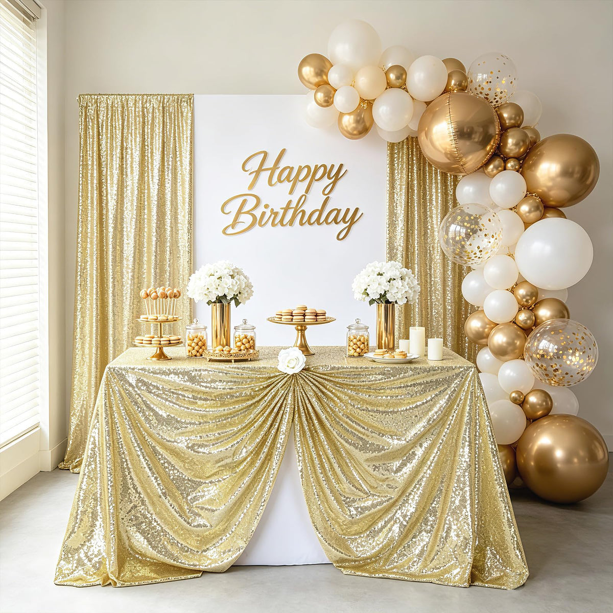 Light Gold Sequin Tablecloth Rectanglar 90" x 132" Glitter Table Cloth
