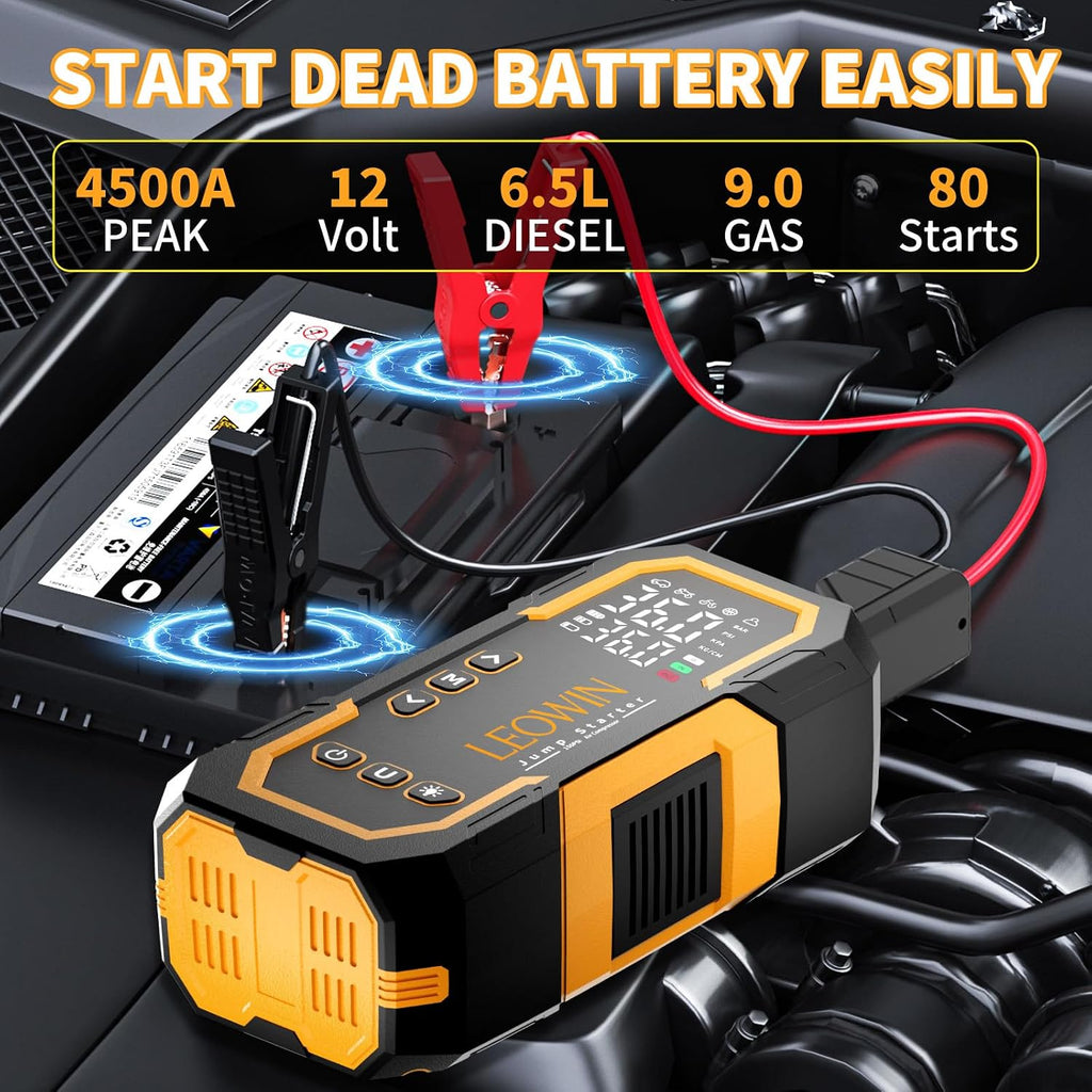 Jump Starter with Air Compressor, Battery Jumper Starter Portable(9.0 Gas/6.5L Diesel) with Tire Inflator, 12V Car