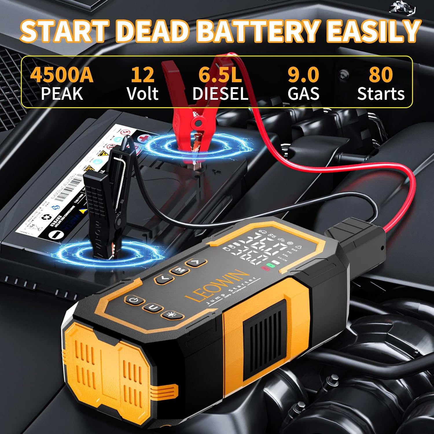 Jump Starter with Air Compressor, Battery Jumper Starter Portable(9.0 Gas/6.5L Diesel) with Tire Inflator, 12V Car