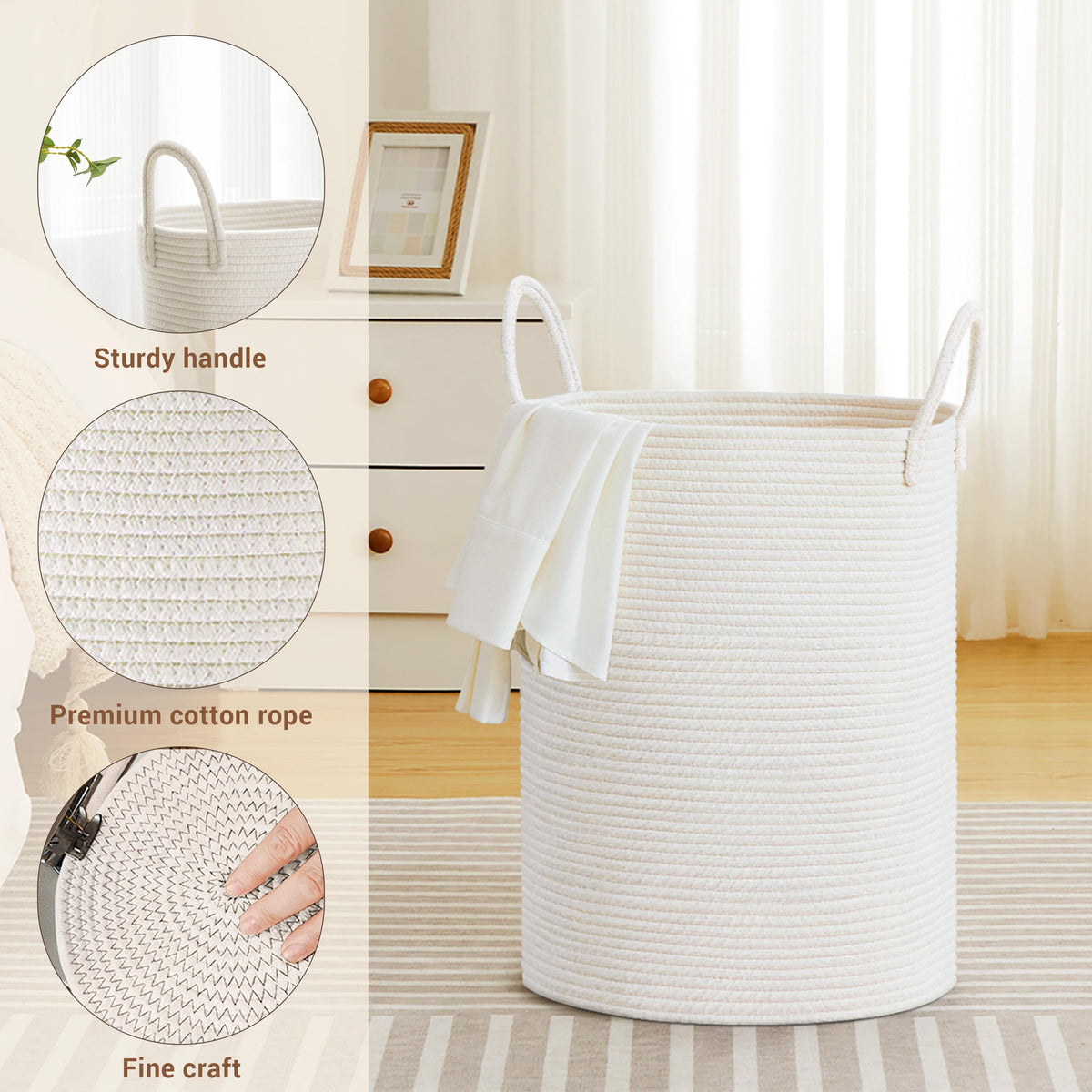 58L Tall Cotton Rope Laundry Basket with Handles, White