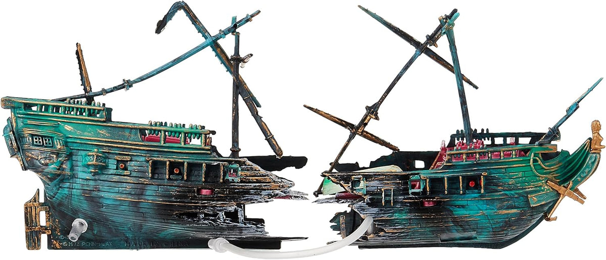 Shipwreck Aquarium Decoration Ornament with Moving Masts, Lifeboat, and Bubble Action