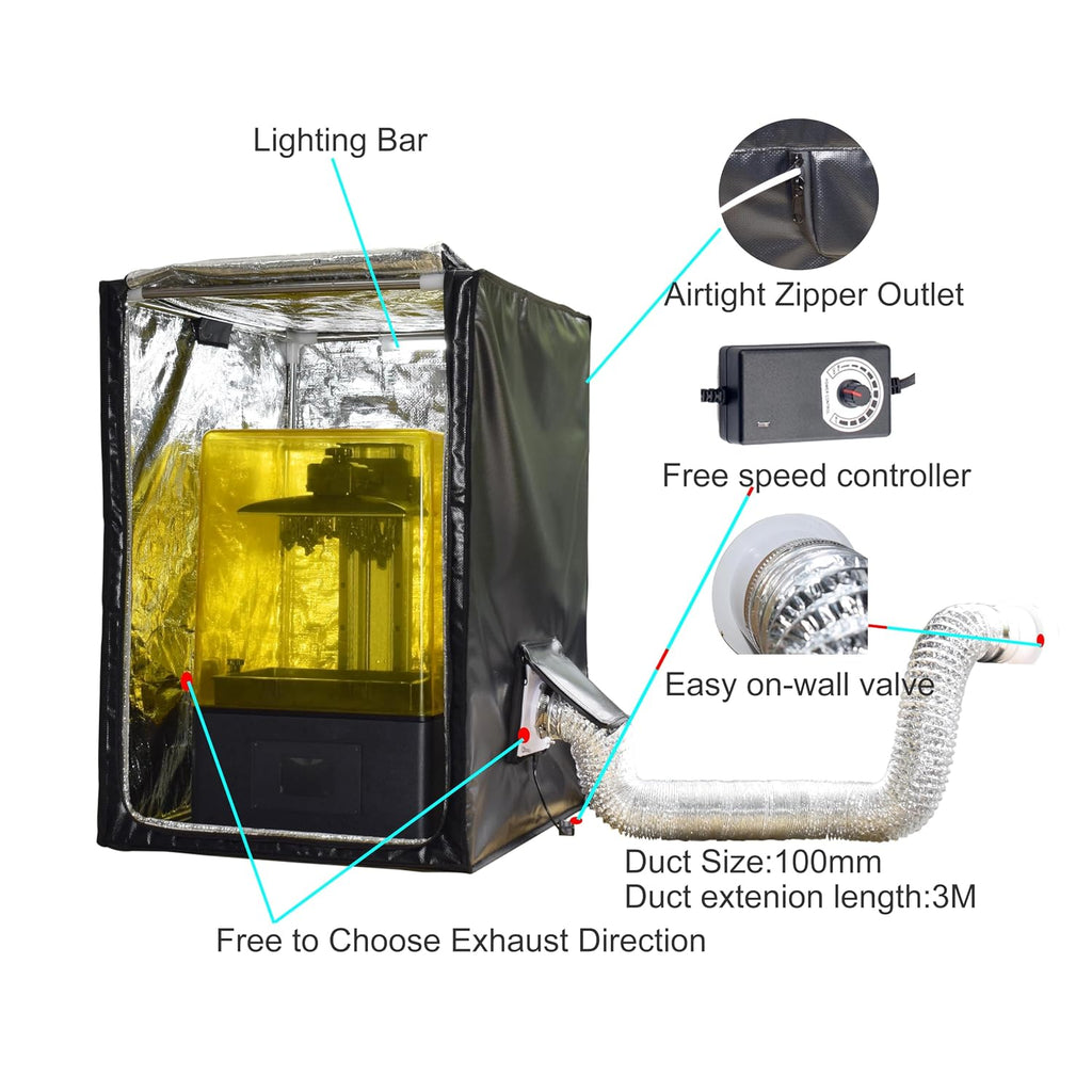 3D Printer Enclosure with Ventilation Kit & LED Lighting– Thermal Insulation Cover & Fume Extraction Tent for