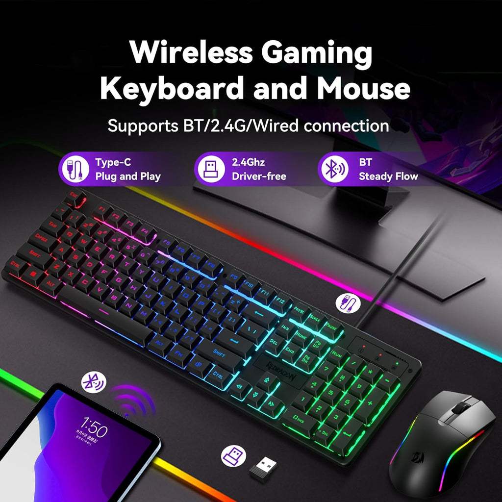 S107KS Wireless Gaming Keyboard and Mouse, RGB Backlit, 3 Mode (Wired/2.4G/BT), Up to 10,000 DPI Gaming Mouse with