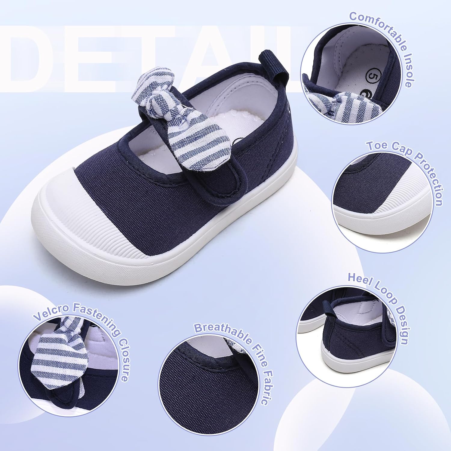 Toddler Girls Canvas Sneakers Bowknot Mary Jane Flats | Breathable and lightweight.Hook&loop closure for easy