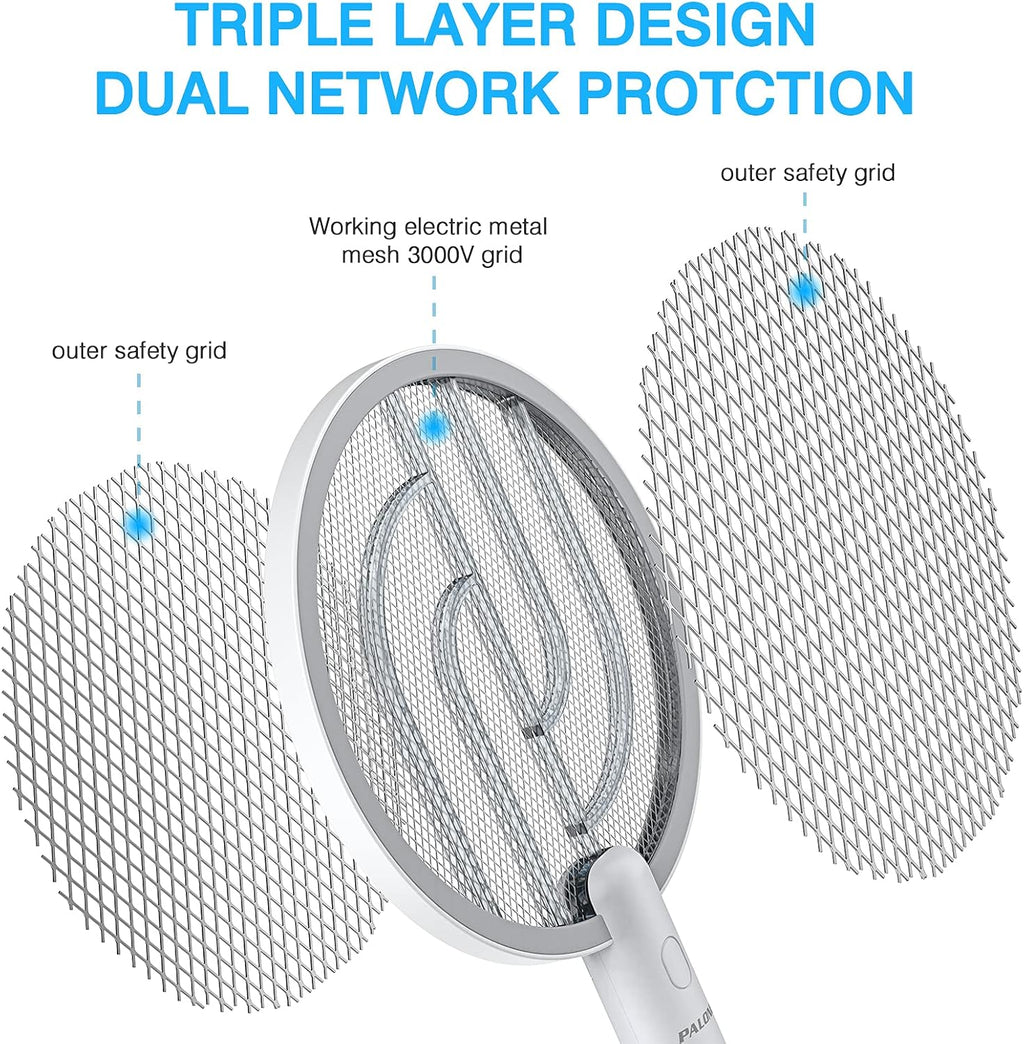 Electric Fly Swatter 4000V, 2 in 1 Bug Zapper Racket Indoor Outdoor | 3-Layer Safety Mesh, USB Rechargeable Base Fly