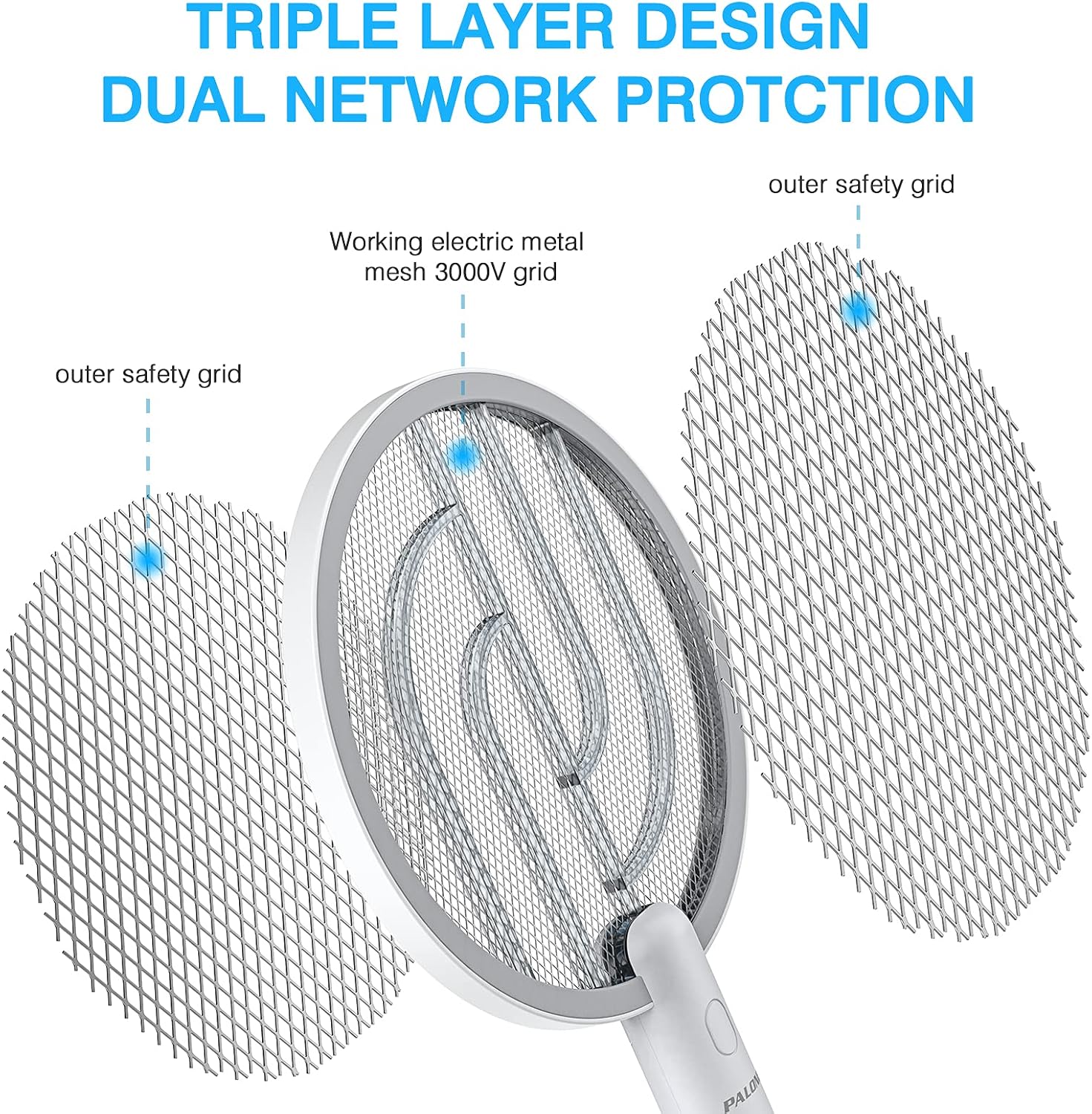 Electric Fly Swatter 4000V, 2 in 1 Bug Zapper Racket Indoor Outdoor | 3-Layer Safety Mesh, USB Rechargeable Base Fly