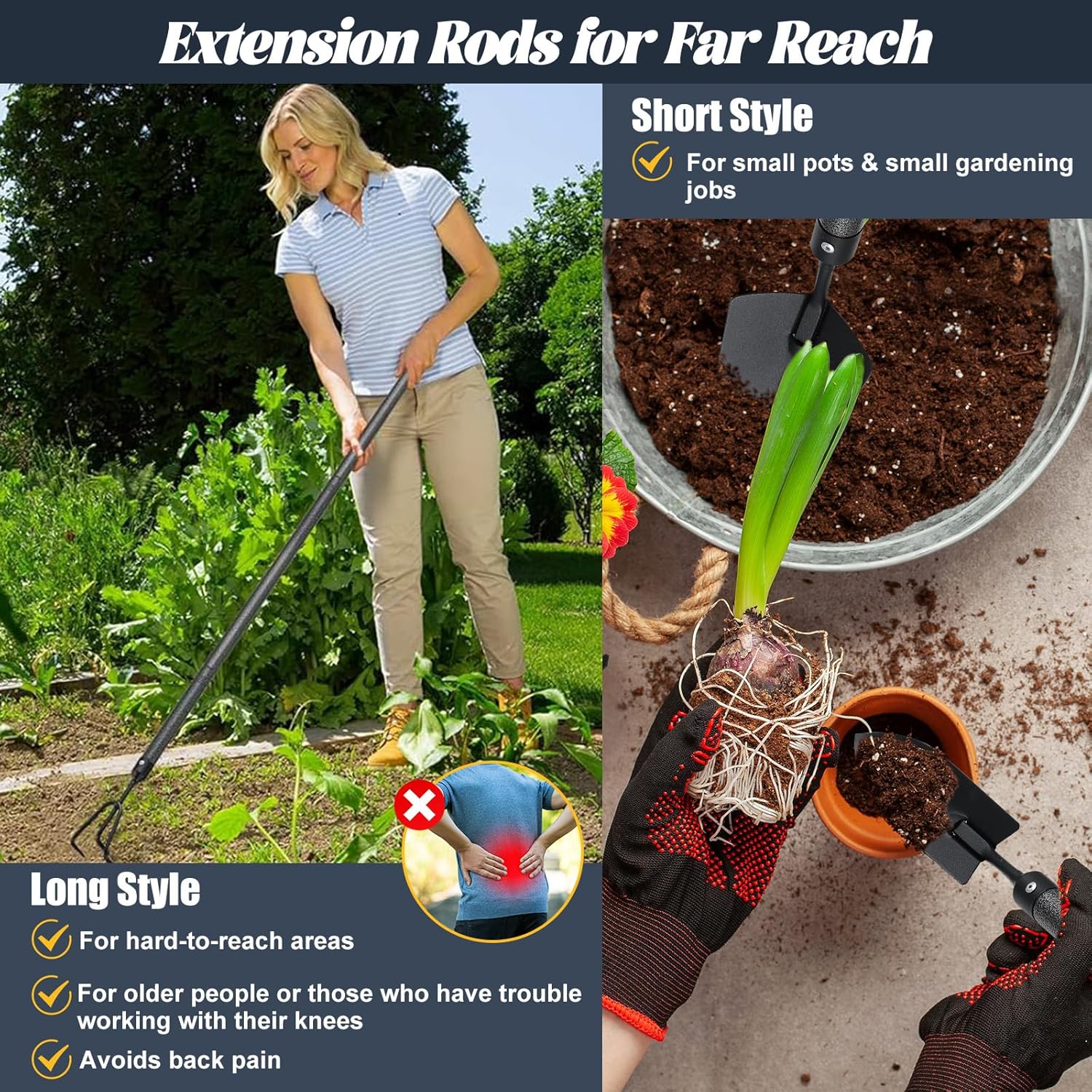 Garden Tool Set with Extended Long Handle, 5 Pieces Stainless Steel Gardening Tool Kit, Gifts for Parents and Kids