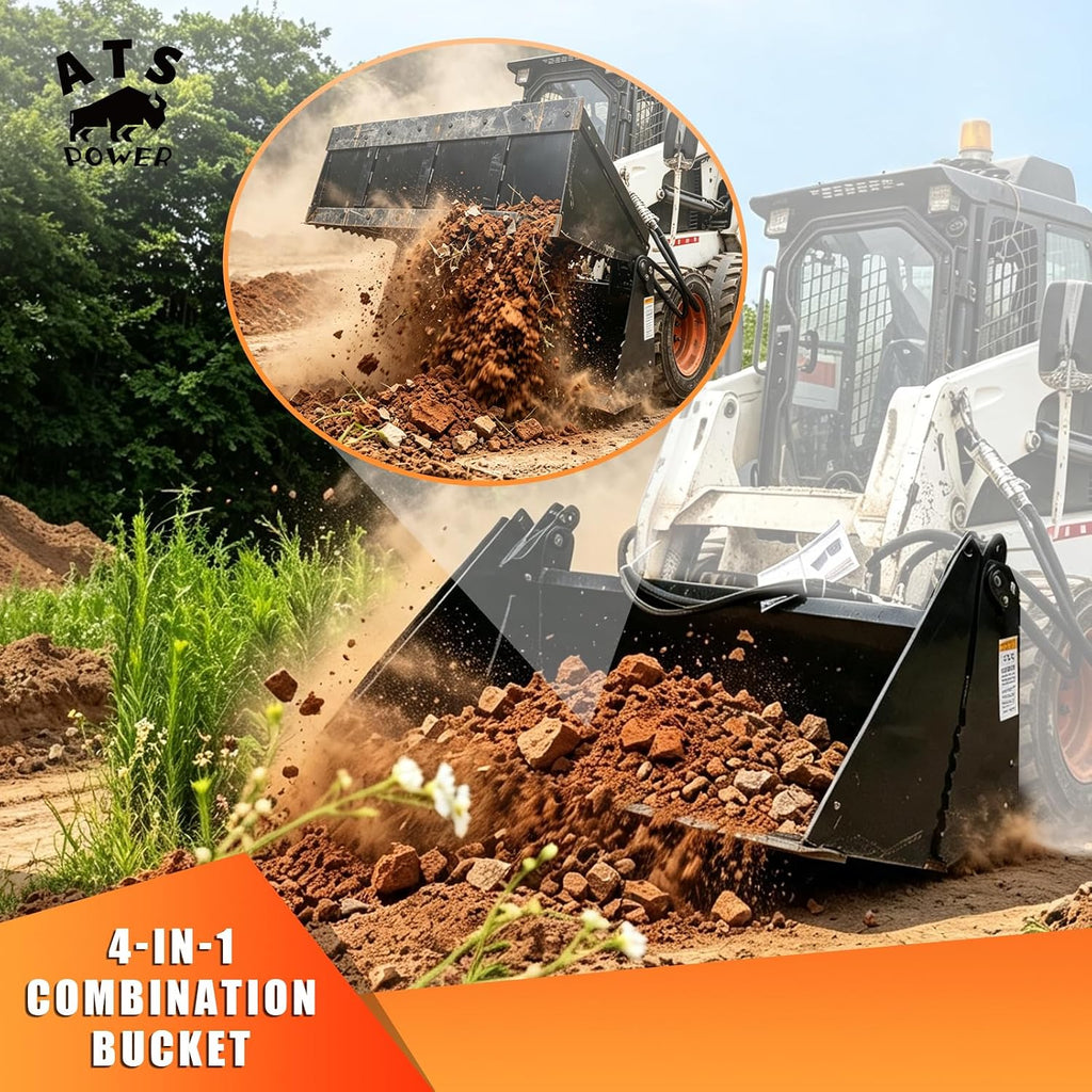 4‑in‑1 Skid Steer Bucket 72" Feeding Width Multi‑Purpose Grapple Bucket | Heavy‑Duty Attachment for Skid Steer &
